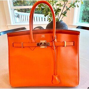 Hermès Birkin 35 Orange Togo Leather Handbag Made In France - Shape pillow